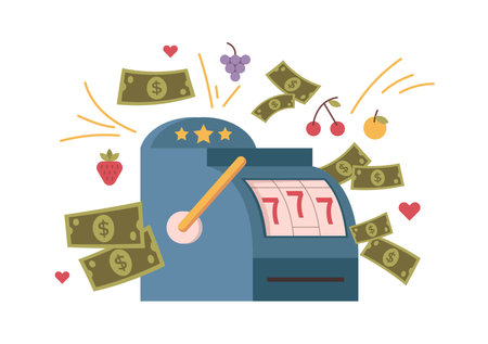 Gambling game for players and gamblers. Vector isolated slot machine with triple seven numbers, cash dollar banknotes, and gaming elements. Lucky 777 and taking risk, victory and successのイラスト素材