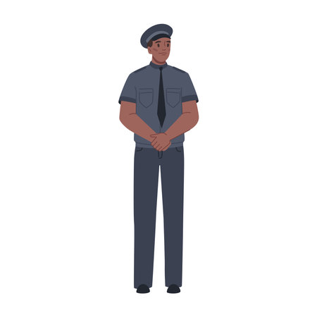 Officer wearing uniform and hat. Vector flat cartoon character, isolated policeman on duty, security and law enforcement occupation. Cop patrolling street or city on a post, military manのイラスト素材