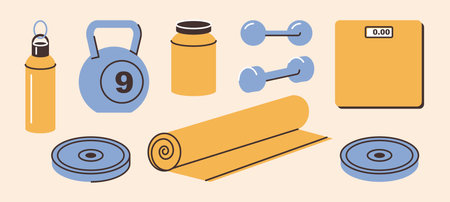 Training and working out sports equipment. Vector isolated set of weigh scales, yoga mat and shaker, water bottle and kettlebell, and dumbbells. Bodybuilder routine and exercise practiceのイラスト素材