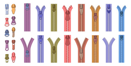Clothing design and tailoring items. Vector in flat style, isolated set of modern and simple colorful zippers and pullers for men and women clothes. Connecting pieces of fabric, sweaters and jeansのイラスト素材