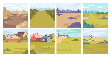 Rural area or countryside roads. Vector in flat style set of paths and ways for travelers and drivers on vehicles. Houses and cottages cityscape, mill and green fields, mountains and hillsのイラスト素材