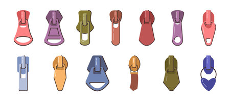 Pullers and zippers for clothes and garments. Vector in flat style, isolated set of simple plastic or metal components for fastening piece of clothing in tailoring. Opening and closing lockのイラスト素材