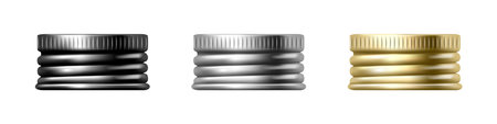 Bottle screw caps side view, isolated realistic silver and gold jar lids or container tops. Vector serrated metal item for twisting, closing and opening produce in packaging. Mockup templateのイラスト素材