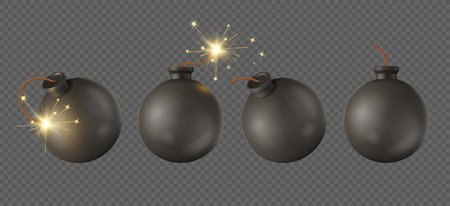 Burning fuse of black sphere realistic bomb. Vector isolated icon of weapon of destruction, war and dangerous explosive power. Boom attack and damage, ignition on rope, transparent backgroundのイラスト素材
