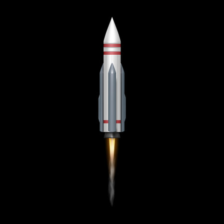 Space shuttle launching leaving fiery trail. Vector isolated realistic rocket for galaxy and cosmos exploration. Expedition or mission of astronauts, technological advancement and scienceのイラスト素材