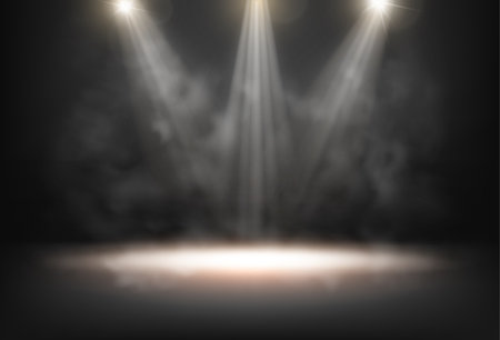 Scene illuminated by spotlights. Vector realistic empty stage with smoke and mist, lamps and dim light. Performance podium or presentation of product, scenery for advertising or showcaseのイラスト素材