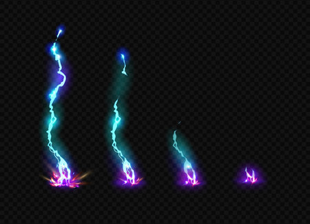 Striking lightning hitting ground. Vector isolated set of thunder animation. Neon thunderbolts in motion. Electrical discharge or powerful force. Weather change or magical effect for game designのイラスト素材