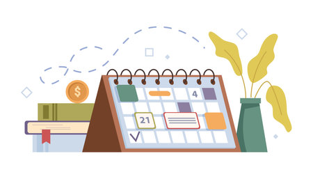 Calendar with memos and dates, notes and agenda. Vector isolated organizer or planner on table with houseplant, books with bookmarks and dollar coin. Business schedule or timetable for workのイラスト素材