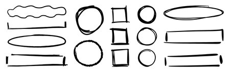 Simple empty doodles for text, boxes for checklists. Vector hand drawn element icon, isolated oval and square, rectangular and circle. Borders or frames for copy space or emphasis of contentのイラスト素材