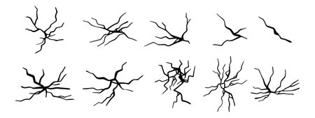 Split and cracks on surface texture for design. Vector isolated silhouettes with curved lines, floor or ground breach or catastrophe impact. Window damage or earthquake results on soilsのイラスト素材