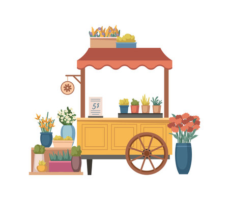 Flower shop or kiosk with assortment of plants and prices. Vector isolated empty florist store with potted houseplants and vases with bouquets. Floristry and flora compositions for saleのイラスト素材