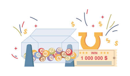 Gambling game for winning money. Vector isolated lottery drum with balls, jackpot ticket with million of dollars sum. Taking risk and victory. Plastic wheel with numbers on spheres rotatingのイラスト素材