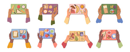 Children or adult hands holding up lunch boxes with healthy food nutrition in educational institutions or office. Vector healthy and nutritious food. Sandwiches with fruits and vegetablesのイラスト素材
