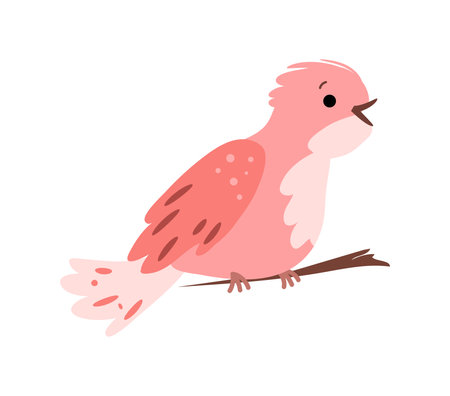 Cute bird, avian animal character sitting on branch. Vector isolated personage with feathers and beak. Wilderness and wildlife, wild nature and fauna with habitat and growth outdoors, avifaunaのイラスト素材