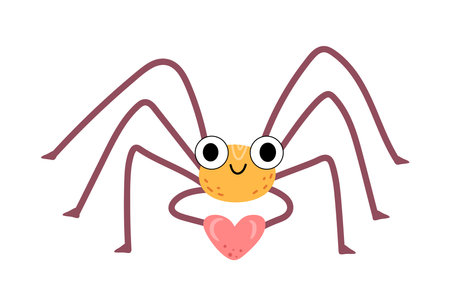 Cute spider holding heart, funny tiny creature with long legs and big eyes. Vector isolated lovely arachnids character with smiling expression. Nocturnal predator adapted in diverse environmentsのイラスト素材