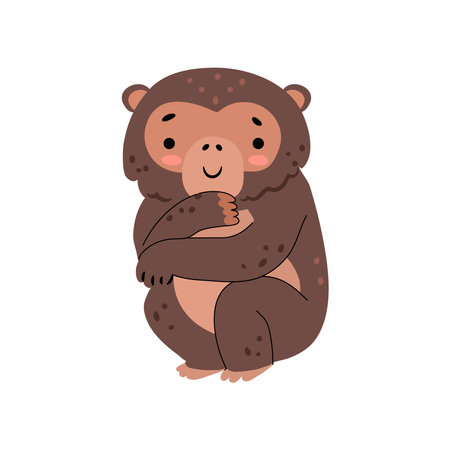 Cute jungle and zoo primate animal. Vector isolated icon of monkey mascot. Wildlife creature personage with smiling face and fluffy coat. Sitting chimpanzee, plush toy or exotic mammal, tropics faunaのイラスト素材