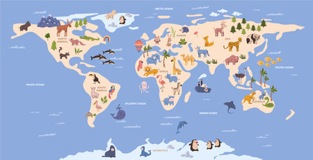 World map with cartoon wild animals living on different continents and in oceans. Vector kids wall art with wildlife and continents. America and Europe, Asia and Africa, Australia and Arcticのイラスト素材