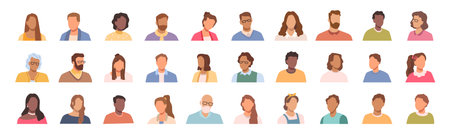 Portraits of people without faces. Vector pictures of persons of different nationalities and genders. Teenagers, adults and aging populations. Individuals of different professions and class levelsのイラスト素材