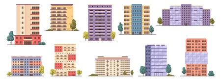 Residential houses for living or working in office, isolated modern buildings set. Vector city or town constructions with several levels and greenery around, urban architecture in metropolisのイラスト素材