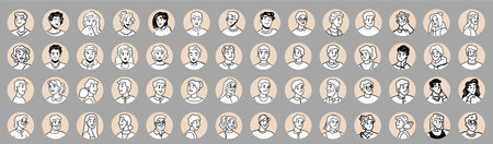 People avatars in monochrome style. Vector portraits of cartoon characters for social media and...