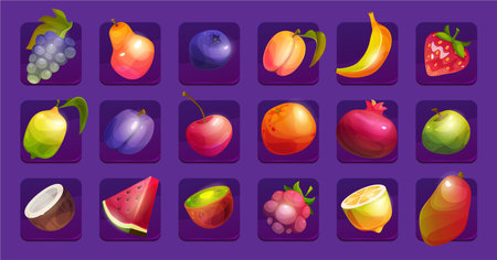 Slot gambling machine badges, vector in flat style. Exotic fruits in rows for game UI design. Mango and pear, banana and coconut, apple and pomegranate, watermelon and lemon, plum and raspberryのイラスト素材