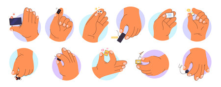 Hand holding small devices, isolated giant arm with pc and smartphone. Vector in flat style, joystick and controller, keyboard and mp3 player, mouse and headphones. Messenger and social mediaのイラスト素材