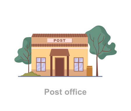 Post office, public facility and retailer that provides mail services. Vector flat cartoon style, isolated exterior of municipal building helping with correspondence and mailing assistanceのイラスト素材
