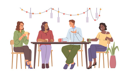 Friends having fun at dinner party, drinking coffee or tea and talking. Vector isolated people sitting by table, celebrations or special occasion event with bulb lights decorations. Classmates meetingのイラスト素材