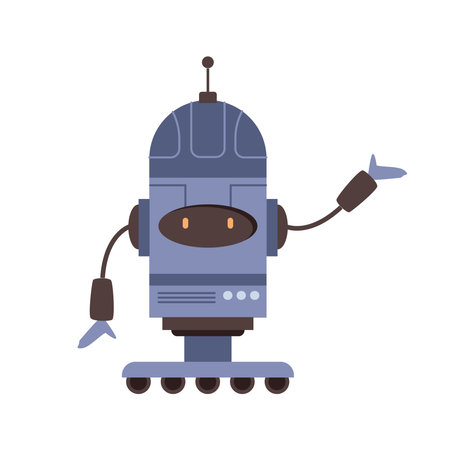 Robot assistance helper with hands and wheeled legs. Vector isolated cyborg for game, futuristic or retro model with antenna. Mascot computerized system with friendly expression and gesturesのイラスト素材