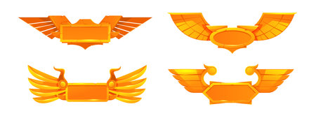 Winged game emblems or empty frames. Vector isolated set of empty golden banners or badges for menu or playing UI interface. Gold shields with wings, achievement or level rank displayingのイラスト素材