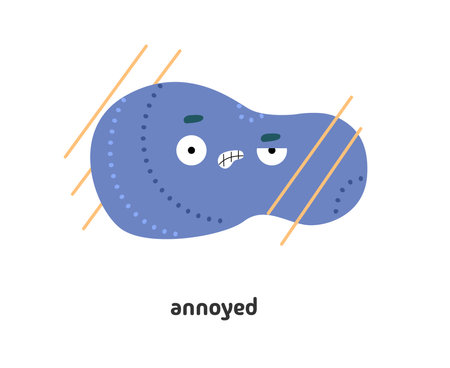 Abstract character shape with annoyed or irritated facial expression. Vector isolated personage with angry face, expressing emotion of annoyance or anger. Mascot showing teeth, frowning browsのイラスト素材