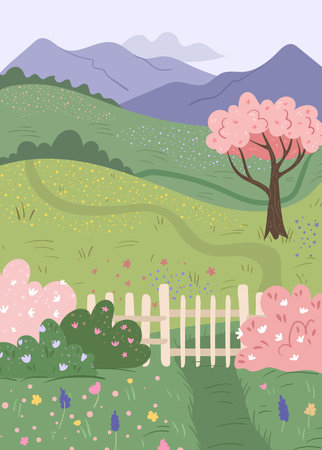 Nature landscape with mountains and hills, meadow with blooming flowers and park with fence. Vector wild scenery with cherry tree blossom, bushes and floral grass, path for walking outdoorsのイラスト素材