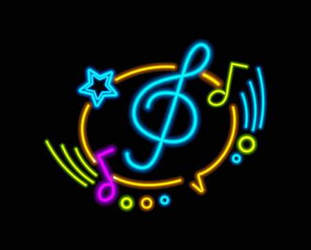 Treble clef with musical notes with star and circles in speech bubble with neon light effect. Vector realistic night club badge or signboard. Karaoke bar entertainment, nightlife activitiesのイラスト素材