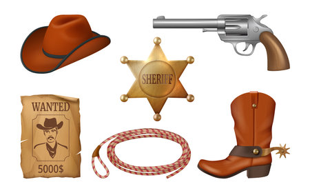 Wild west, realistic icons for game design. Vector realistic gangster items. Badge of sheriff with star, handgun revolver and hat, lasso and boots. Poster with wanted criminal, adventuresのイラスト素材