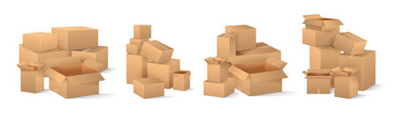 Parcels pile, isolated cardboard boxes with tapes, stack of open and closed paper containers for goods and orders. Vector mail and postal service, delivery and transportation mockup on packageのイラスト素材