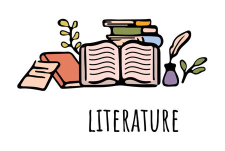 Literature education in school, college or university. Vector flat cartoon icons for students curriculum. Books and fiction reading, novels and writing activities. Literacy and love for textsのイラスト素材