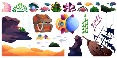 Cartoon underwater environment elements collection. Vector isolated sunken pirate ship and chest with gold and jewels, coral reefs and seaweeds, starfishes and shells, seafloor sand and rocksのイラスト素材