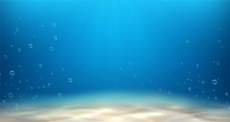 Underwater scene with sandy bottom, ocean or sea, lake or tropical lagoon. Vector in realistic style, water surface with bubbles and clear view. Snorkeling and traveling, tropical scuba divingのイラスト素材