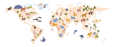 Continents map for children with wild animals and nature. Vector isolated geographical divisions with wildlife. Biodiversity of ocean and land creatures. Mammals and fish, birds and reptilesのイラスト素材