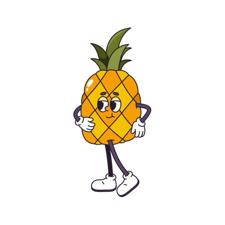 Retro fruit personage posing. Vector isolated pineapple cartoon character with fashionable look and hairstyle. Cute groovy comic mascot with hands and legs, leaves as hair or head accessoryのイラスト素材