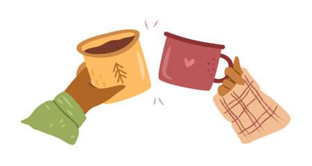 Friends or pair camping mugs with heart and spruce. Vector adventure camping scene. Couple drinking coffee or hot chocolate. Outdoor recreation, summer travel and active rest in forestのイラスト素材