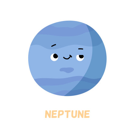 Solar system farthest planet character with cute facial expression. Vector in flat style, isolated sticker or card for learning cosmos for kids. Neptune icon and name, galaxy and outer spaceのイラスト素材