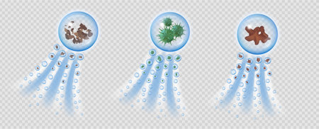 Bacteria or germs in bubble, isolated set of dirt or blood stains. Vector realistic fiber or textile cleaning solutions, detergent or antibacterial lotion for clothing. Professional cleanersのイラスト素材