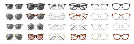 Sunglasses and glasses with optical lenses for correction poor eyesight, isolated collection of eyeglasses. Vector variety and types of accessories and frames. Men, women and unisex styleのイラスト素材