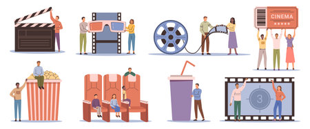 Cinematography and small people. Vector isolated characters holding ticket to theater, enjoying film or movie presentation. Popcorn bucket, strip and clapper for premiere, audience on seatsのイラスト素材