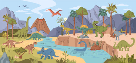 Nature landscape of grassland with rocky mountains and active volcano, river and cliffs. Vector scenery of prehistoric Jurassic period with different types of dinosaurs, rocks and meadow grassesのイラスト素材
