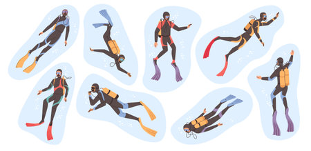 Divers wearing flippers and goggles, oxygen masks. Vector isolated scuba diving activity, sports and summer recreations and leisure time. Cartoon personages exploring underwater worldのイラスト素材