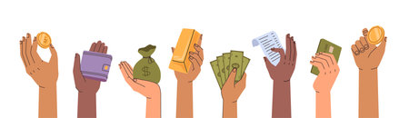 Money in hands. Vector in flat style, isolated arms holding banknotes and golden bar, coin and credit card, sack of assets. Finances and saving, deposit and investment, business and economyのイラスト素材