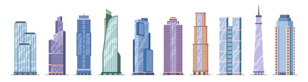 Facades of skyscrapers and tall buildings. Vector in flat style, isolated modern architectural landmarks of big city. Cityscape or skyline, futuristic shape of high raises, urban space designのイラスト素材