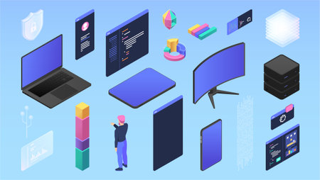 Modern programmers workspace elements set. Vector isolated laptop and smartphone, tablet and screen, diagrams and charts. Software development or remote coding, tech jobs or freelance programmingのイラスト素材